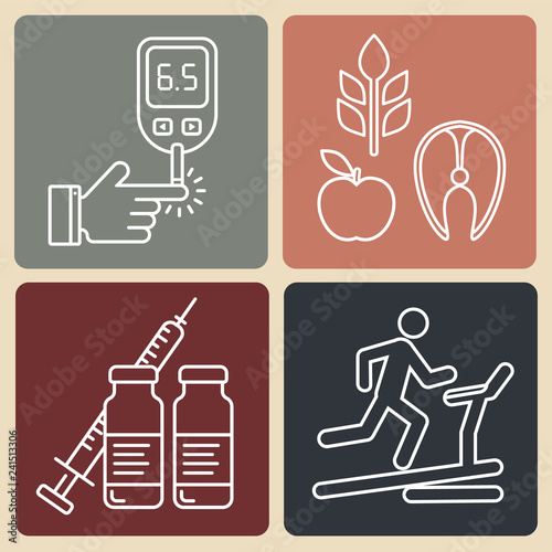 Diabetes vector linear background with place for text. Diabetic therapy line style icons set. Blood glucose test. World diabetes day pattern.