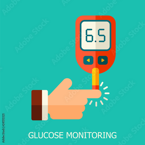 Diabetes vector background.  Diabetic therapy flat style icons set. Blood glucose test. 