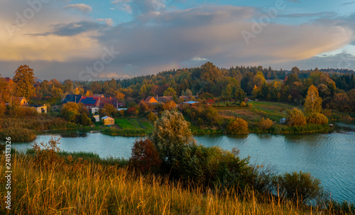 Village located by the lake, panorama.Drawsko Lake District,Poland photo