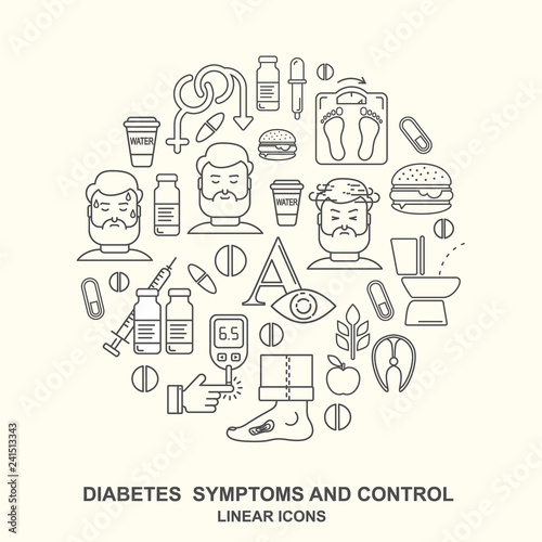 Diabetes vector linear background with place for text. Diabetic therapy line style icons set. Blood glucose test. World diabetes day pattern.