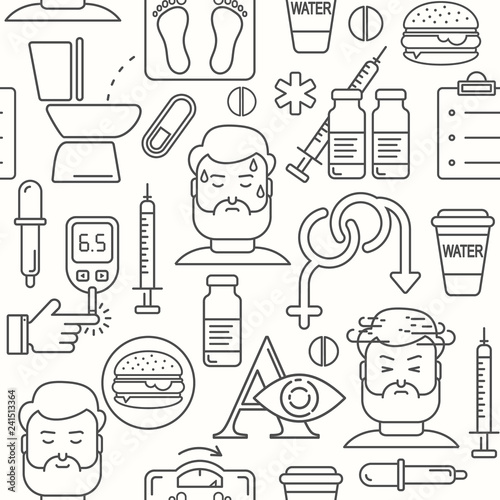 Diabetes symptoms and control vector line style seamless background. Frequent urination, blurry vision, sexual problems, high blood sugar, hungry, linear illustration. Diabetic pattern. 