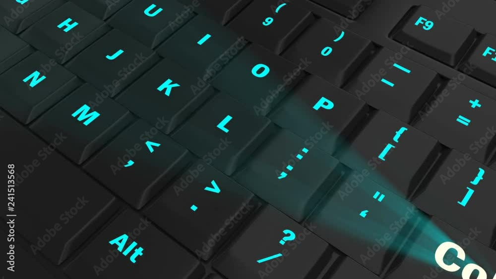 pointing the camera on blue glowing Collect key on black computer keyboard pointing the camera on blue glowing Collect key on black computer keyboard