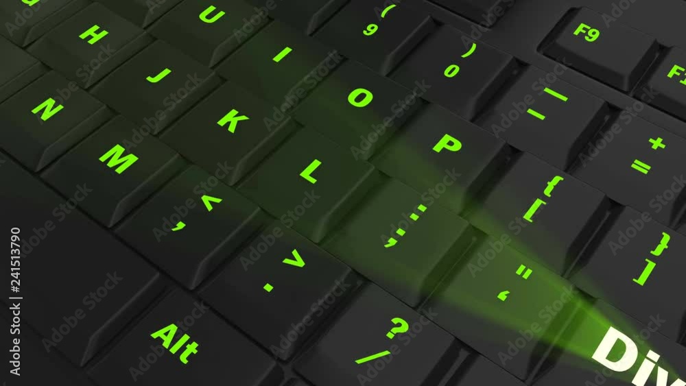 pointing the camera on green glowing Divorce key on black computer keyboard pointing the camera on green glowing Divorce key on black computer keyboard