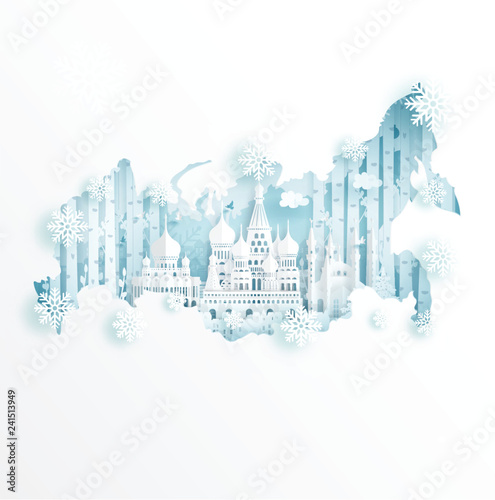 Winter in Russia for travel and tour advertising concept with world famous landmark in paper cut style vector illustration.