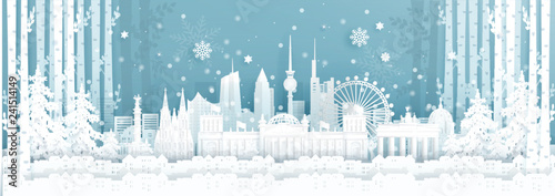 1 GM winPanorama postcard and travel poster of world famous landmarks of Germany in winter season in paper cut style vector illustration
