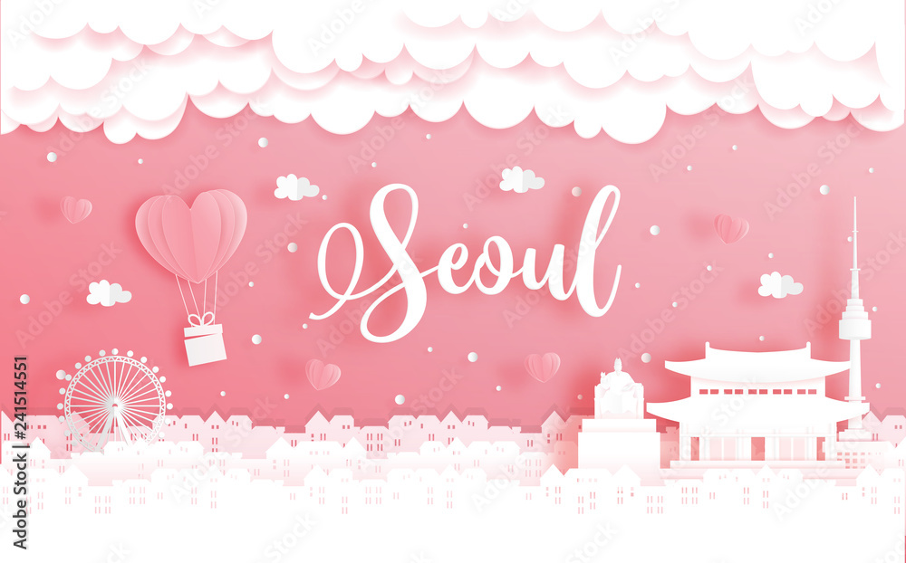 Honeymoon trip and Valentine's day concept with travel to Seoul, South Korea and world famous landmark in paper cut style vector illustration. 