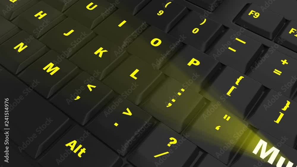 pointing the camera on yellow glowing Multiply key on black computer keyboard pointing the camera on yellow glowing Multiply key on black computer keyboard