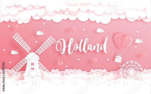 Honeymoon trip and Valentine's day concept with travel to Amsterdam, Holland and world famous landmark in paper cut style vector illustration. 