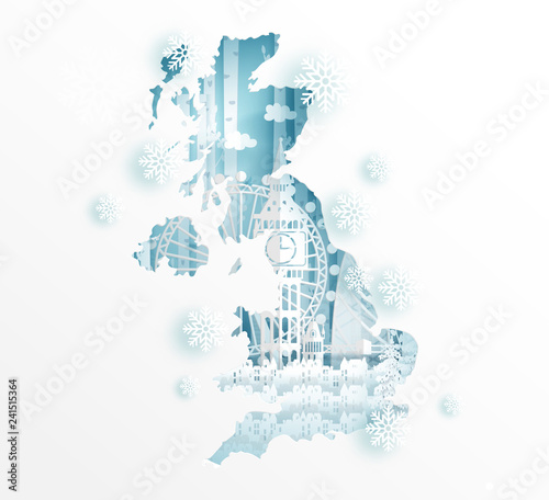 Winter in London, England for travel and tour advertising concept with world famous landmark in paper cut style vector illustration.