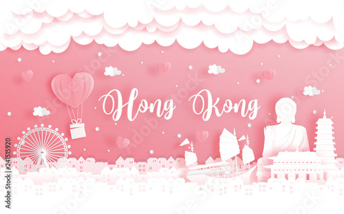 Honeymoon trip and Valentine's day concept with travel to Hong Kong, China and world famous landmark in paper cut style vector illustration. 