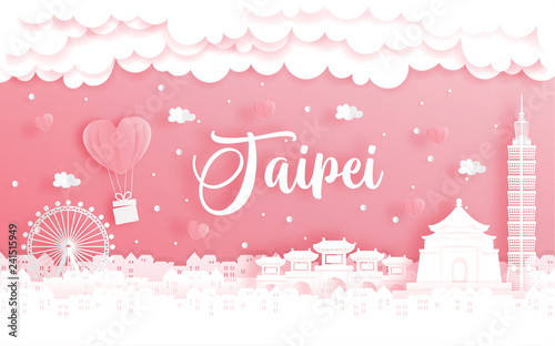 Honeymoon trip and Valentine s day card with travel concept to Taipei in paper cut style vector illustration. 