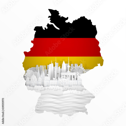 Map of Germany with world famous landmarks in paper cut style vector illustration