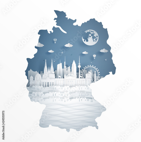 Germany map concept with famous landmark for travel postcard and poster, brochure, advertising in paper cut style vector illustration.