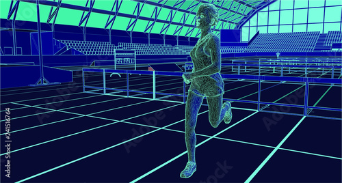 professional athlete running after jumping hurdle in indoor stadium