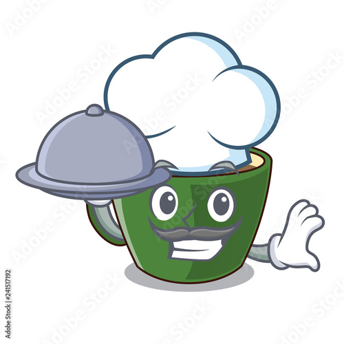 Chef with food Indian masala tea in cartoon cup