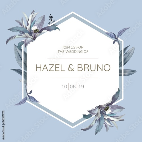 Wedding invitation card with blue leaves design vector