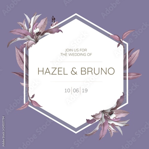 Wedding frame with purple leaves design vector