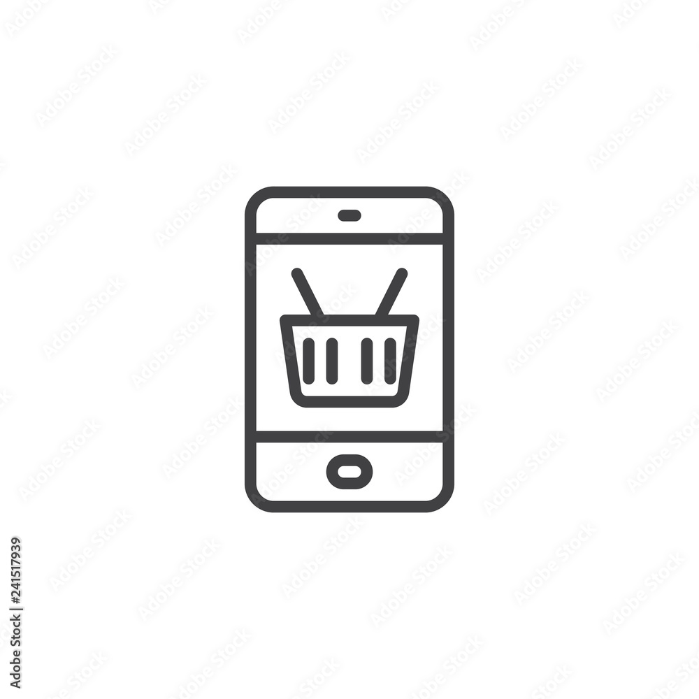 Online mobile shopping outline icon. linear style sign for mobile concept and web design. Tablet with basket on screen simple line vector icon. Symbol logo illustration. Pixel perfect vector graphics Online mobile shopping outline icon. linear style sign for mobile concept and web design. Tablet with basket on screen simple line vector icon. Symbol logo illustration. Pixel perfect vector graphics