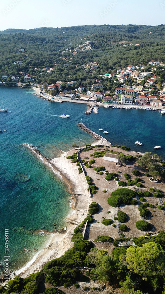 Aerial drone photo of iconic seaside village of Gaios, a safe harbor for yachts and sailboats, Paxos island, Ionian, Greece