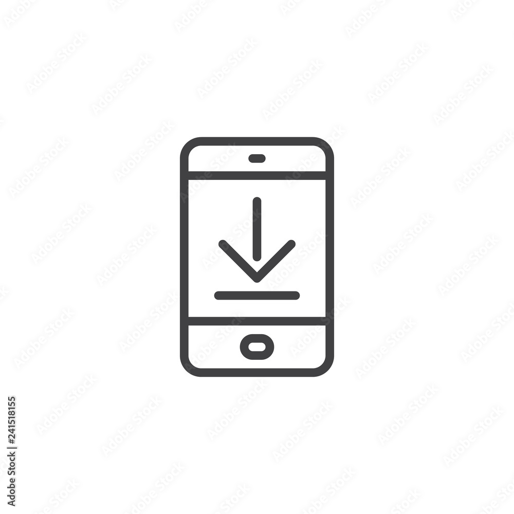 Download mobile app screen outline icon. linear style sign for mobile concept and web design. Tablet with download arrow simple line vector icon. Symbol, logo illustration. Pixel perfect  - obrazy, fototapety, plakaty 