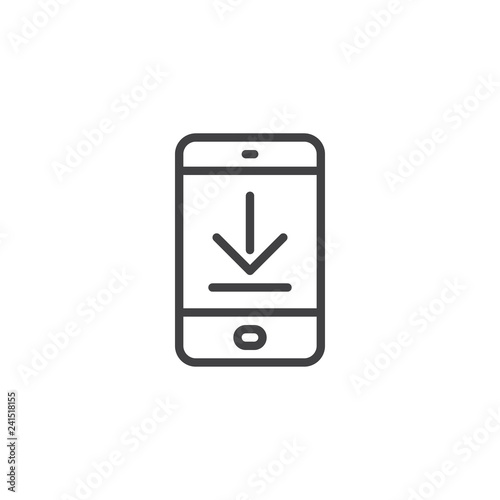 Download mobile app screen outline icon. linear style sign for mobile concept and web design. Tablet with download arrow simple line vector icon. Symbol, logo illustration. Pixel perfect 