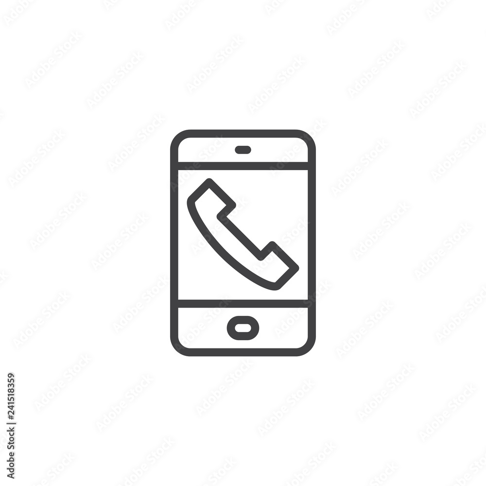 Mobile phone call screen outline icon. linear style sign for mobile concept and web design. Smartphone with handset telephone simple line vector icon. Symbol, logo illustration. Pixel perfect vector Mobile phone call screen outline icon. linear style sign for mobile concept and web design. Smartphone with handset telephone simple line vector icon. Symbol, logo illustration. Pixel perfect vector