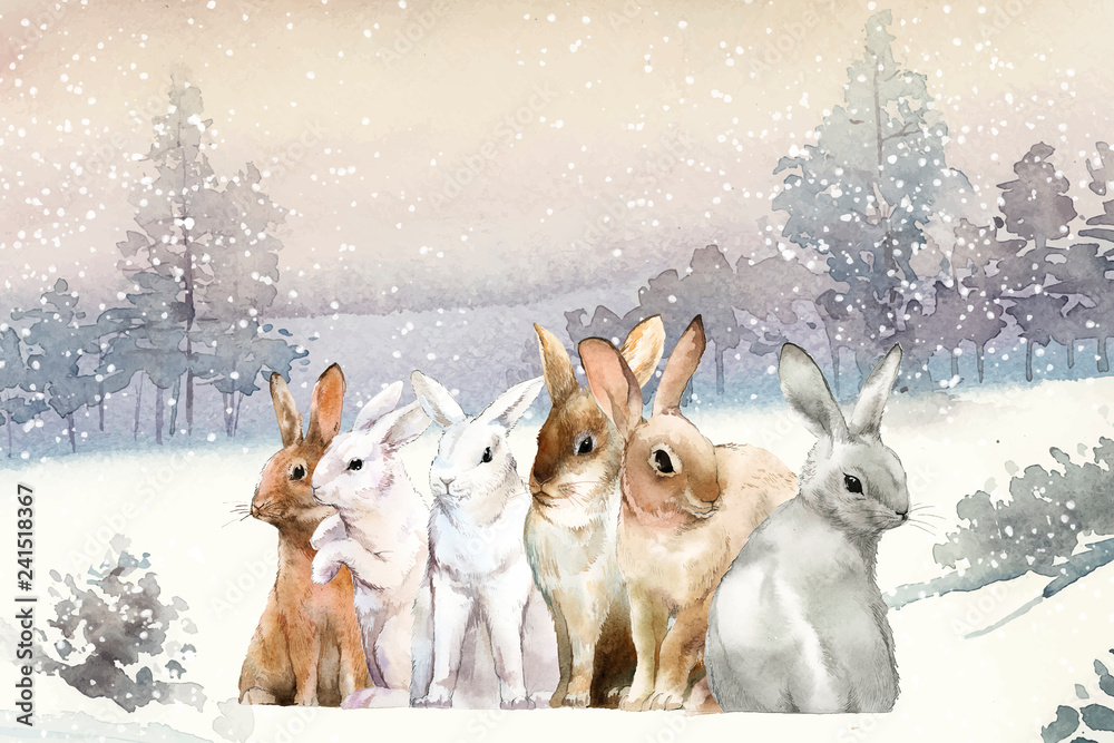 Fototapeta premium Dzikie króliki w zimie śnieg malowane akwarela wektor