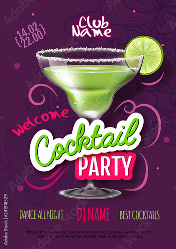 Cocktail party poster in eclectic modern style. Realistic cocktail photo