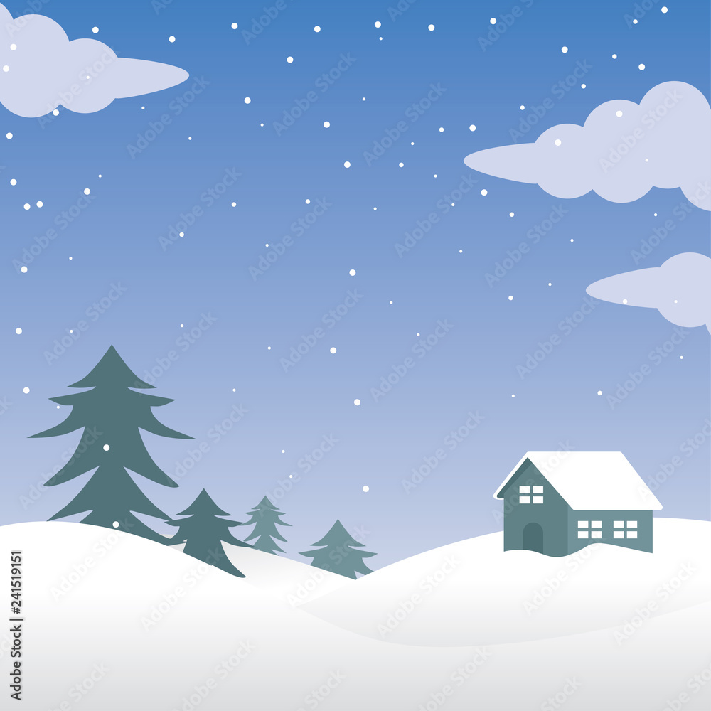 Snowy Hill with house and Rain Snow Background Vector