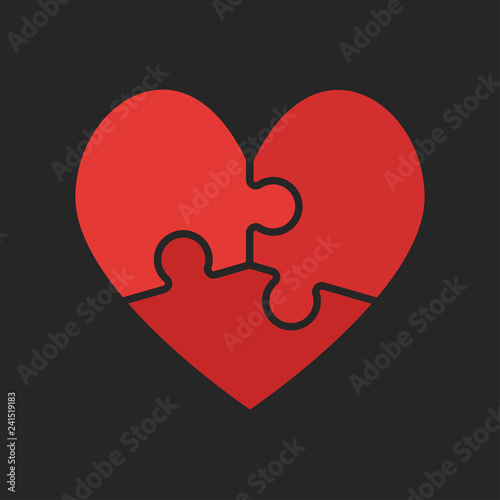 Red pieces puzzle of romantic heart. Three pieces.