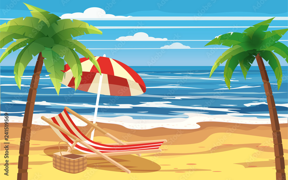 Vacation, travel, relax, tropical beach, umbrella, palms, beach chair, seascape, ocean, template, banner, for advertising, vector, illustration, isolated, cartoon style