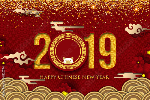 2019 Chinese New Year Greeting Card. Year of the Pig. Chinese New-Year. Paper cut with Yellow Pig and Flowers. gong xi fa cai 2019. Hieroglyph - Zodiac Sign Pig. Place for your Text.