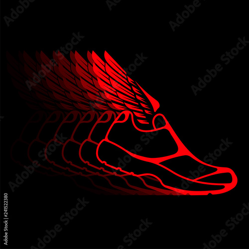 Abstract icon of sports shoes with wings in dynamics.