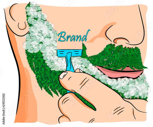 The vector demonstrates over a sharp razor,  which easily shaves the most overgrown beards, comparable to the forest.
