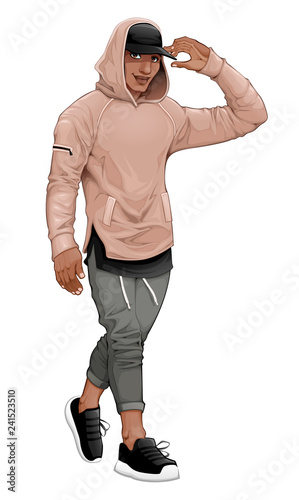 Fashion boy posing walking and touching his visor