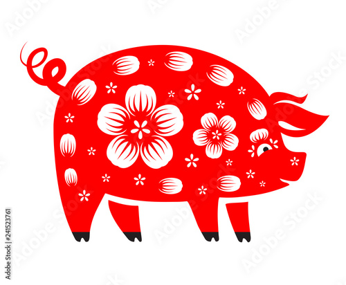 The year of the Pig - 2019 Chinese New Year. Vector illustration of decorative ornamented zodiac sign Pig in red with flowers on white background.