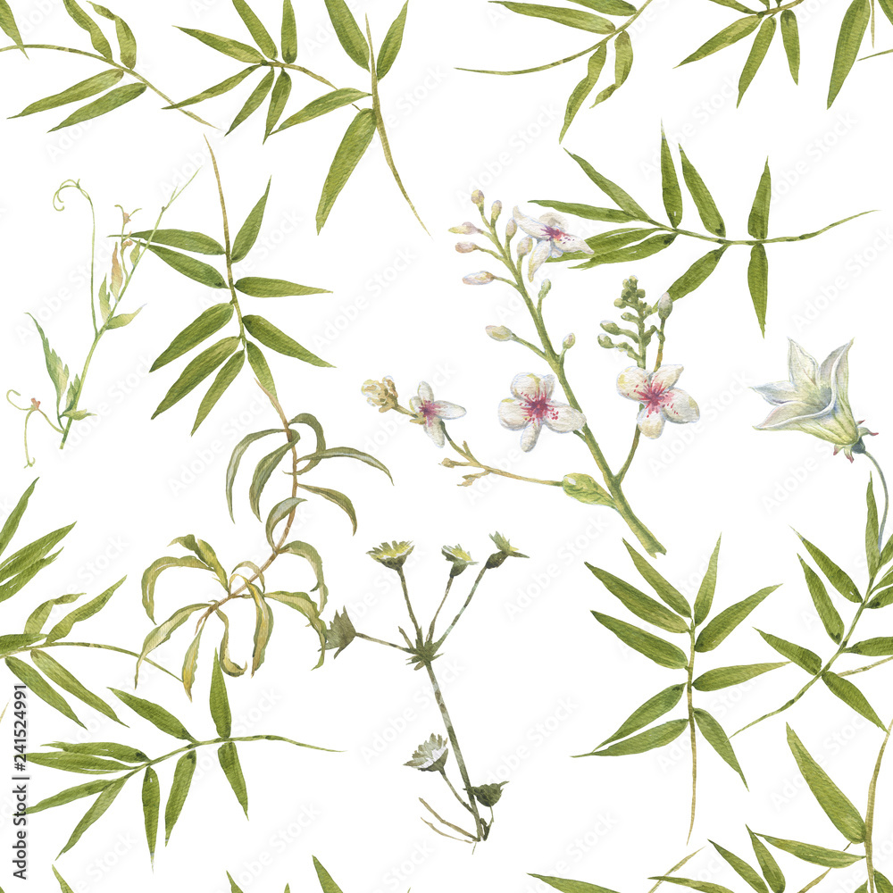 Naklejka premium Watercolor painting of leaf and flowers, seamless pattern on white background