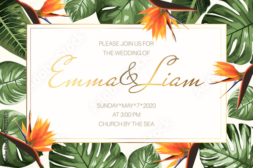 Wedding event invitation RSVP card template. Horizontal rectangular border frame with green monstera philodendron split leaves and bright orange strelitzia bird of paradise flowers. Luxury style.