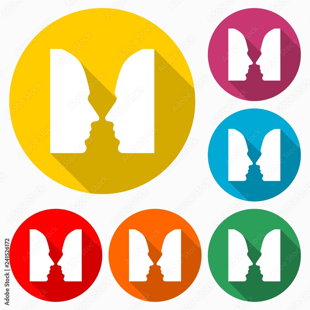 Two face profile view, Optical illusion icon or logo, color set with long shadow Two face profile view, Optical illusion icon or logo, color set with long shadow
