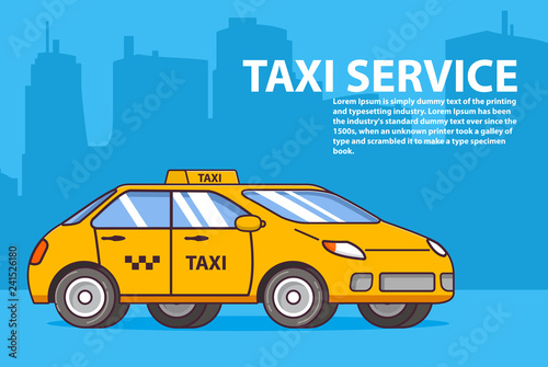  Taxi yellow car.Cab service.Online order.Cityscape and skyscrapers. Flat line art vector.Design concept label and poster