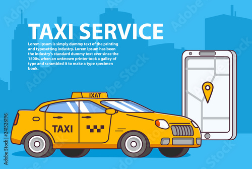 Taxi service order yellow car.Mobile app map smartphone.Cityscape and skyscrapers. Flat line art vector.Design concept label and poster
