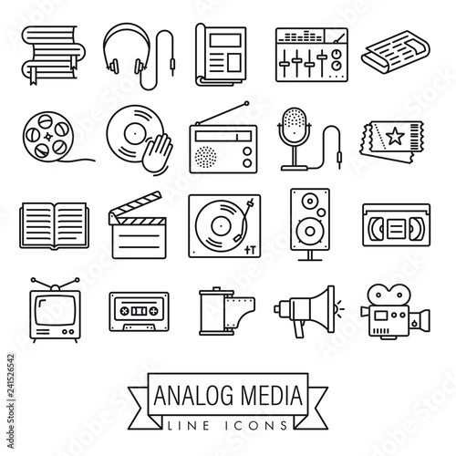 Analog media and equipment line icons vector set