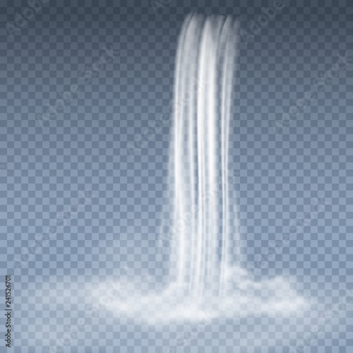 Waterfall cascade with fog isolated on transparent background. Vector 3d water fall pattern for exotic landscape mountain design.