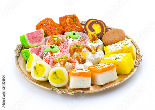 Indian Traditional Mix Sweet Food or Mix Mithai include Peda, Mawa Burfi, Dry Fruits Sweet, Halwa or Coconut Burfi