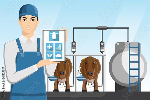 Modern asian farmer with tablet on a dairy farm. Smart farming. Vector illustration EPS 10