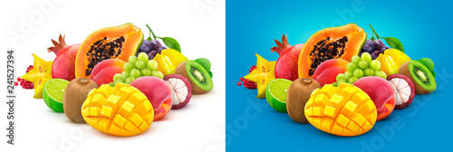 Tropical fruits. Heap of fresh exotic fruits isolated on white background, papaya, mango, pomegranate, carambola, mangosteen, kiwi, peach, grap