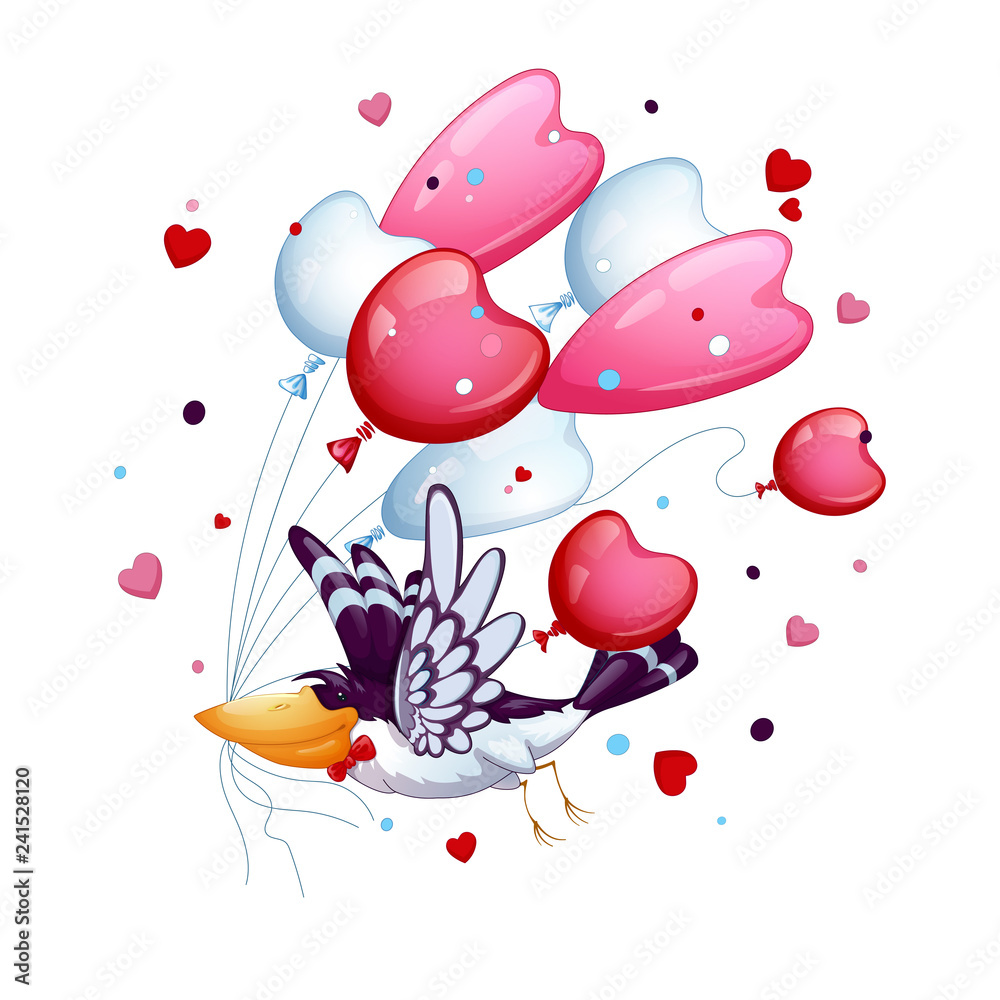 Funny bird with a tie butterfly flies with a bunch of balloons - hearts. Valentine's Day.