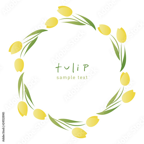 Wreath of tulip flowers and leaves forming a decorative circular frame on white background