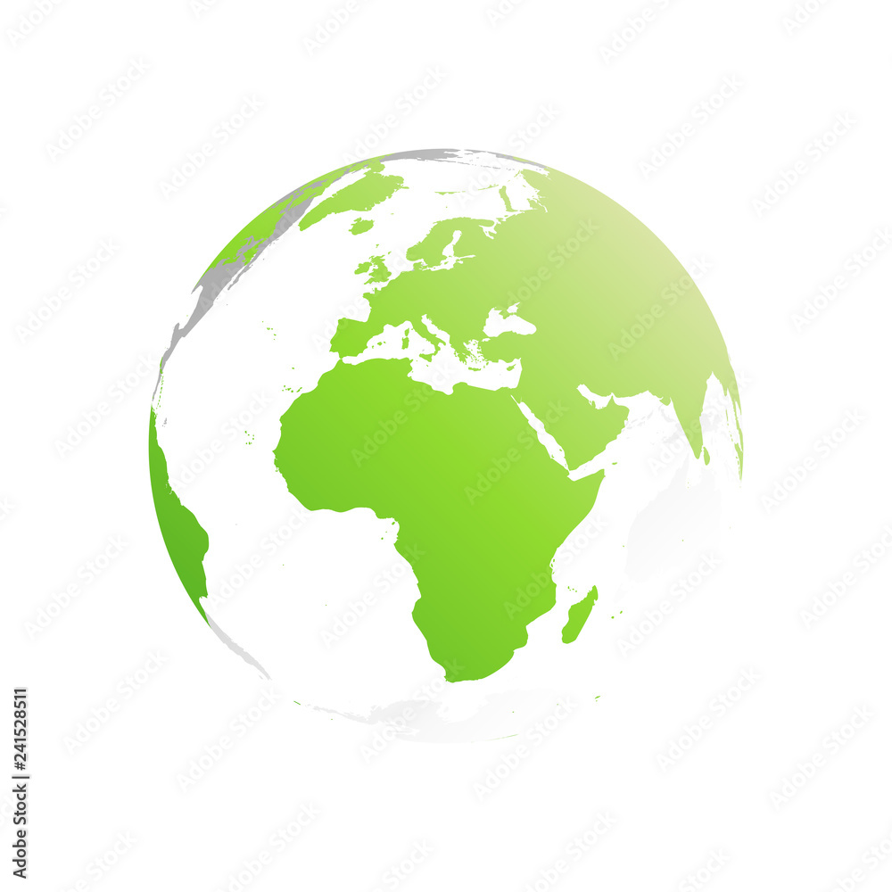 3D planet Earth globe. Transparent sphere with green land silhouettes. Focused on Africa and Europe.