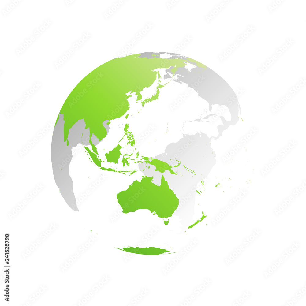 3D planet Earth globe. Transparent sphere with green land silhouettes. Focused on Australia and Oceania.